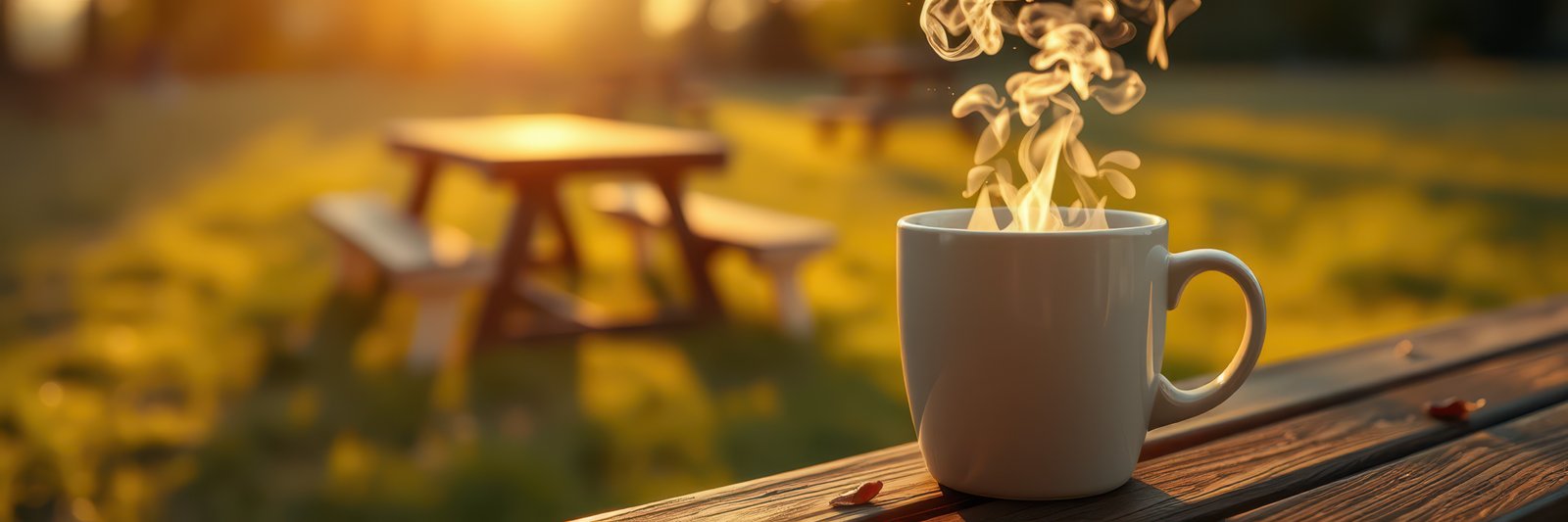 Morning coffee steaming in a serene park with warm sunlight and picnic table nearby